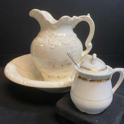 Vintage Wash Bowl and Pitcher Set Marked "The Originals" With Sugar Bowl And Spoon