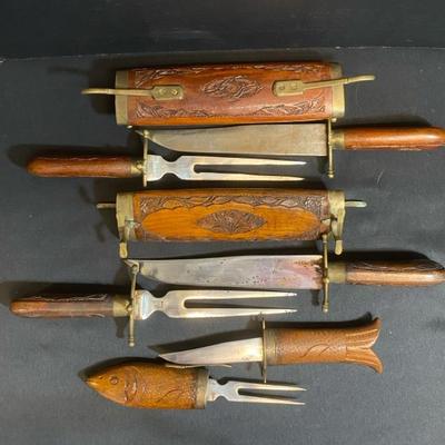 Vintage India Brass & Hand Carved Wood Carving Sets (3)