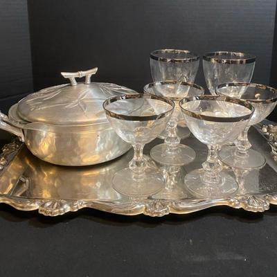 Silver Rimmed Stemmed Glasses, Serving Tray & Everlast Casserole Dish