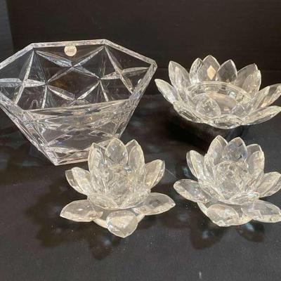 Cristal d’Arques Fruit Bowl & Three Crystal Lotus Candle Holders