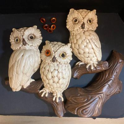 Three Ceramic Hanging Owls & Branch By Marge