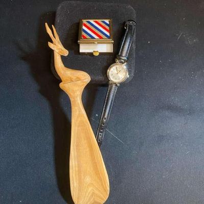 Hand Carved Wood Antelope Shoe Horn, Mini Pill Box & Timex Watch