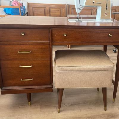 Vintage Sewing Desk With Singer Machine And Stool