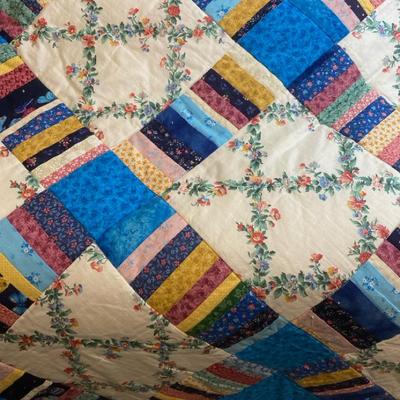 Handmade Blue & Floral Patchwork Quilt Queen With Two Shams