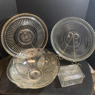 Clear Glass Platters, Salad Bowl & Snowflake Art Glass Covered Dish
