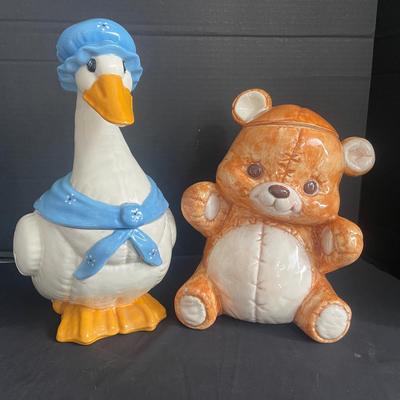 Ceramic Mother Goose And Stitched Teddy Bear Vintage Cookie Jars