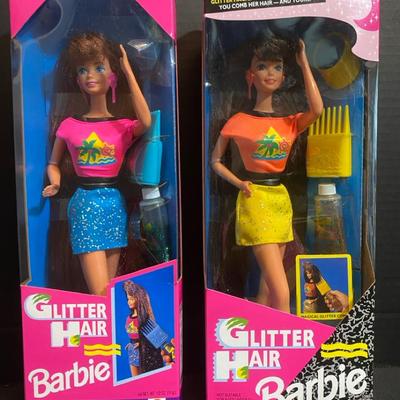 Two Vintage Glitter Hair Barbies