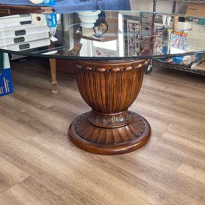 Wood Pedestal With Glass Tabletop Dining Table