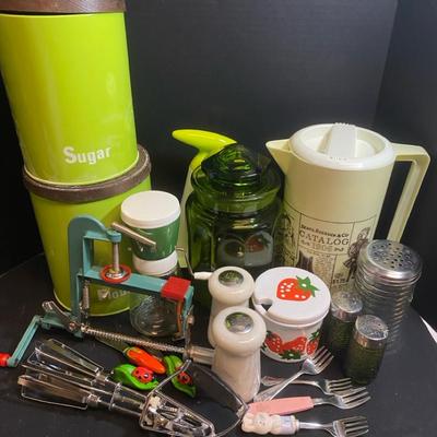Vintage Kitchen Accessories Including Glass Nut Grinder, Sears & Roebuck Pitcher 