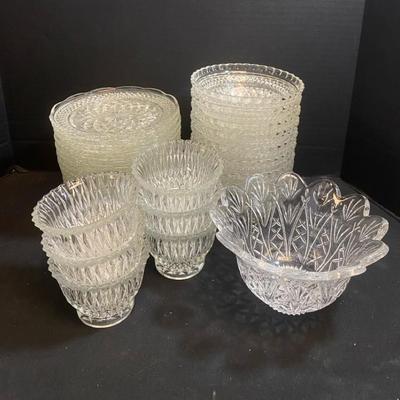 Vintage Clear Glass Plates, Bowls & Dessert Bowls With Crystal Serving Bowl