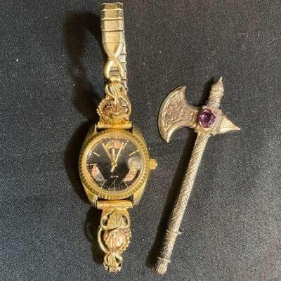 Armitron Wristwatch With Some 10K Gold & Costume Axe Pin With Gem
