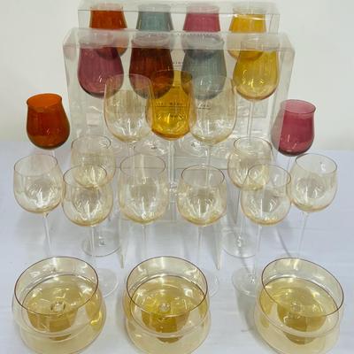 NIB Colorful Pier 1 Luster Wine Glass Sets / Luster Amber Glass Stems & Dessert Dishes