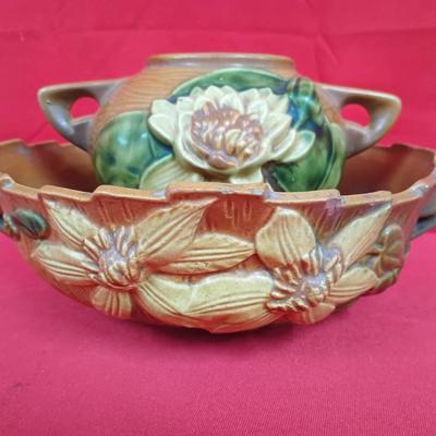 Pair of Vintage Roseville Pottery Floral Pieces – Water Lily Vase & Dogwood Bowl