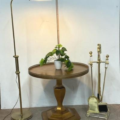 Vintage French Style Round Gallery Table W/ Brass Fireplace Tools