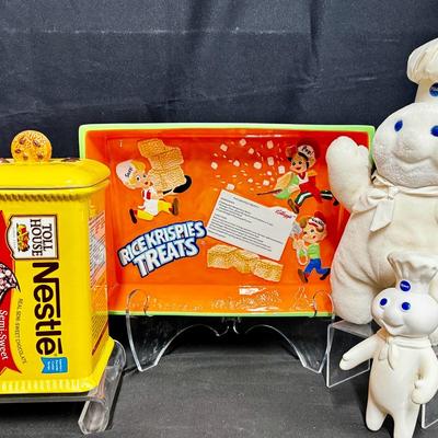 Ricekrispies Treats Pan, Pills Bury Dough Boy Dolls & Toll House Cookie Jar