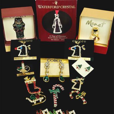 Glittery Sparkly Holiday Jewelry / Waterford Holiday Ornament