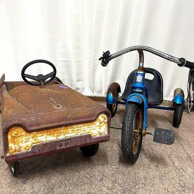 2 Vintage Ride-On Toys – AMF Fire Fighter Pedal Car & Schwinn Tricycle