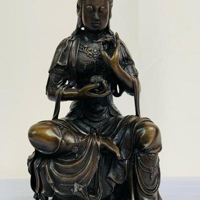 Bronze Seated Guan Yin Kuan Yin  Holding Flower Statue Wearing Jewelry, Flowing Robes 11"