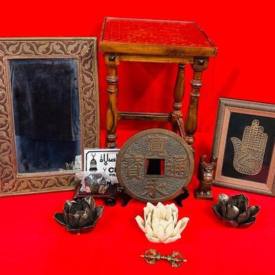 Vintage Wooden Table, Wooden Mirror, And Asian Decor