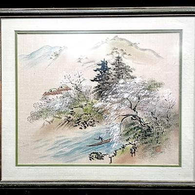Framed Japanese Hand-Painted Silk Landscape