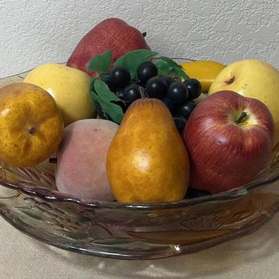 Vintage Crystal Fruit Bowl And Platter With Decorative Plastic Fruit 
