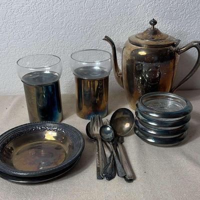 Vintage Silver-Plated Tea Pot, Coasters, Silverware, and More