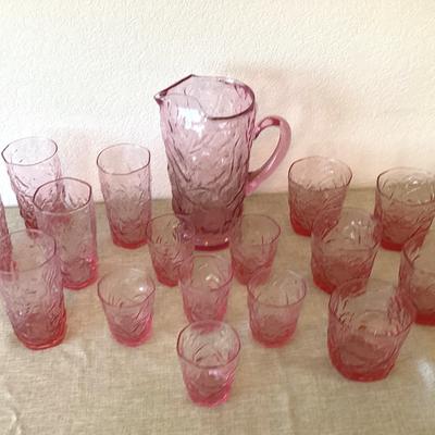 Seneca Driftwood Pink Crinkle Pitcher And Glasses
