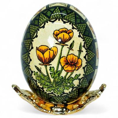 Vintage Pysanka Egg w/ Poppy Designs & Stand
