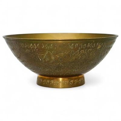 Vintage Asian Brass Decorative Bowl w/ Etched Floral Design