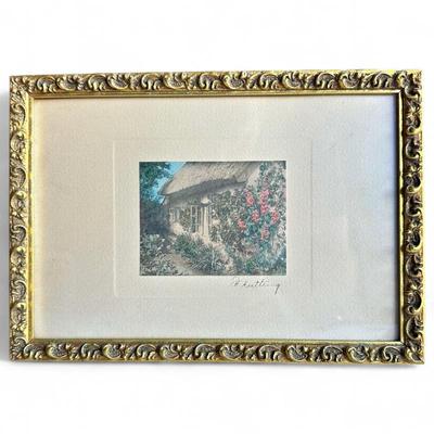 Wallace Nutting Hollyhock Cottage Hand-Colored Photo