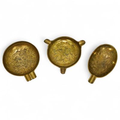 3-Piece Set of 1970s Brass Ashtrays w/ Floral Engraving
