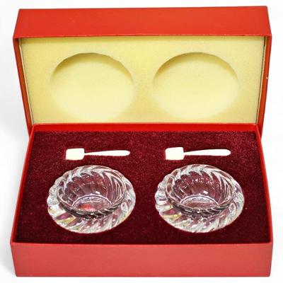 Vintage Baccarat Crystal Salt Dip Set w/ Ivory Spoons