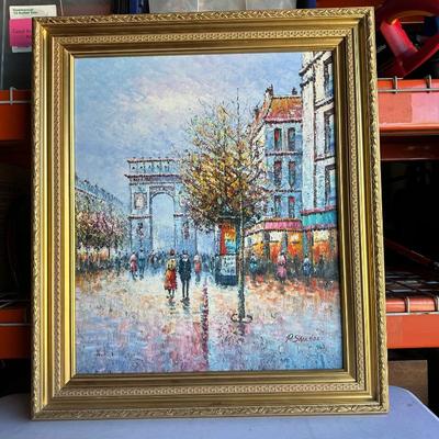 P. Sanchez Oil Painting of Paris Cityscape Arc de Triomphe