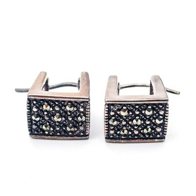 Vintage Marcasite Sterling Silver Square Hoop Earrings