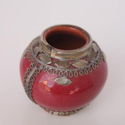 Moroccan Red Ceramic Vase w/ Brass Filigree