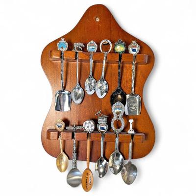 Vintage Souvenir Spoon Rack w/ 12 Spoons 1960s