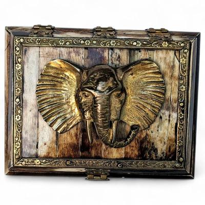 Mid-Century Brass & Bone Inlay Elephant Trinket Box