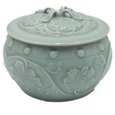 Glazed Ceramic Jar with Floral Relief Design