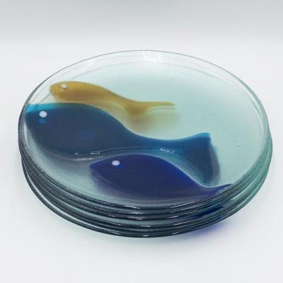 6 Molded Glass Plates with Fish Design