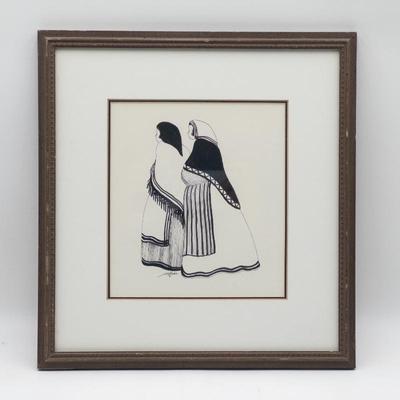 Signed 1981 Drawing of Pueblo Women in Frame