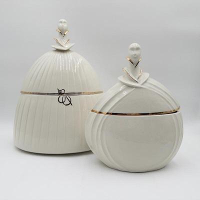 Pair of Ethan Allen Italian White Porcelain Jars w/ Lady Figureheads