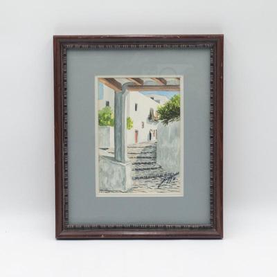 Framed Watercolor of Mediterranean Village Walkway