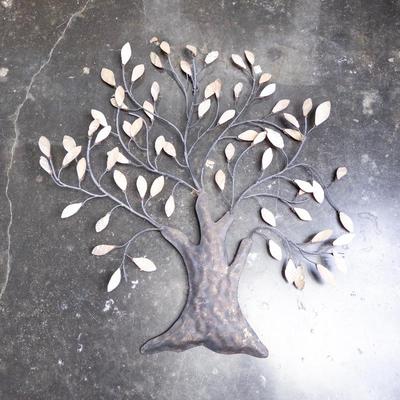 Metal Tree Sculpture With Iridescent Plastic Leaves