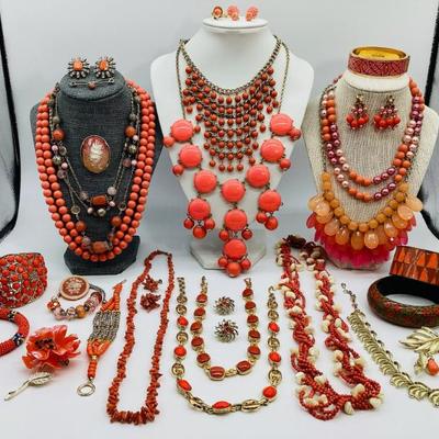 Sale Photo Thumbnail #78: Classy Coral Colored Jewelry: Some Signed, Vintage, Sterling