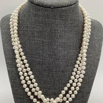 Sale Photo Thumbnail #133: 10K Triple Strand Twisted Pearl Necklace + 14K Pearl & Sapphire Earrings