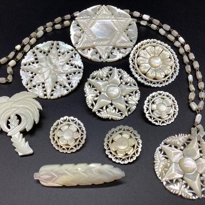 Sale Photo Thumbnail #69: Hand Carved Mother of Pearl Brooches, Earrings, and 925 Necklace: Bethlehem