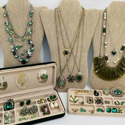 Sale Photo Thumbnail #95: Glittering Green Jewelry with Jewelry Box: Some Signed, Vintage, Silver