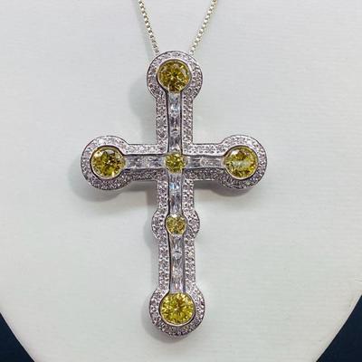 Sale Photo Thumbnail #75: Large Sterling Silver Shiny Simulated Sapphire Cross Pendant with Box Chain