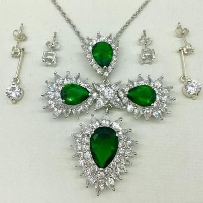 Sale Photo Thumbnail #109: Sterling Silver Green Glass Separated Teardrop Cross Necklace + Earrings