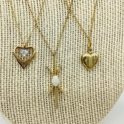 Sale Photo Thumbnail #39: Three 12K Gold Filled Necklaces: Diamond Heart, White Oval, Heart Locket